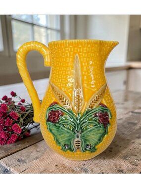 Vintage Bordallo Pinheiro Yellow Pitcher W/ Butterfly, Portugal